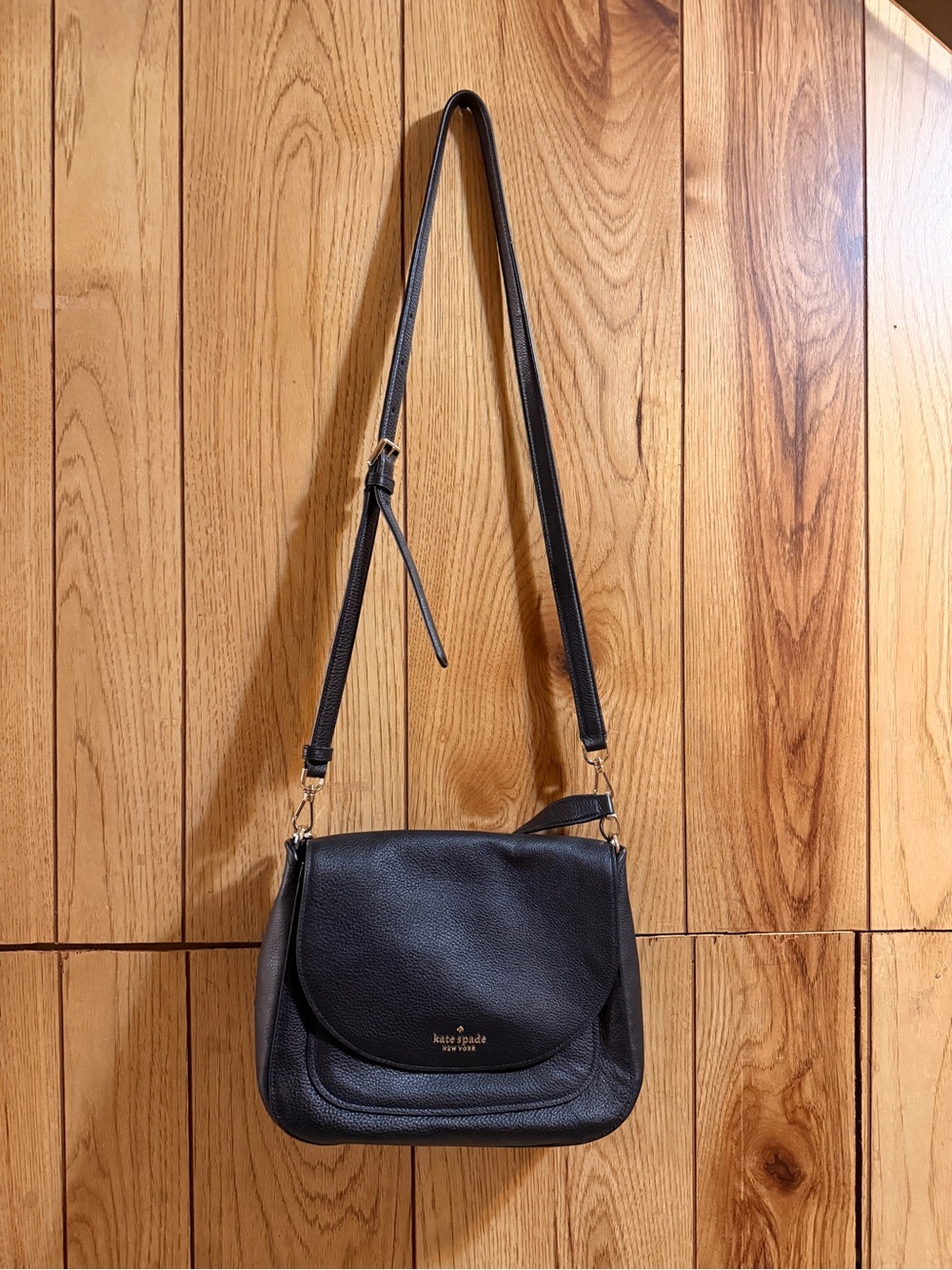 kate spade black pebbled leather flap crossbody with gold hardware